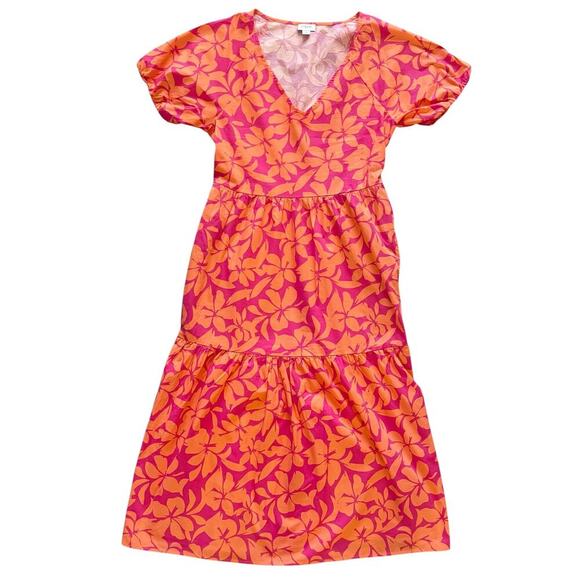 J Crew Dress Womens 4 Pink Orange Floral V Neck Puff Sleeve Tiered Midi Pockets - Picture 9 of 16